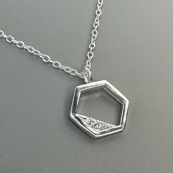 Silver Hexagon Necklace with Cubic Zirconia - Picture 3 of 10